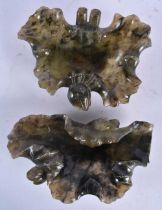 A PAIR OF 19TH CENTURY CHINESE SOAPSTONE LEAF SHAPED BRUSH WASHERS Qing. 13 cm x 7 cm.