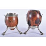 A PAIR OF SOUTH AMERICAN GOURD NUT VASES upon white metal lion capped bases. 15 cm x 8 cm.