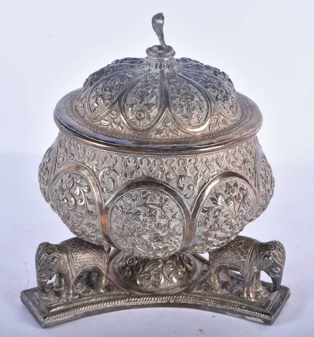 A LOVELY ANTIQUE INDIAN SILVER REPOUSSE ELEPHANT BOWL AND COVER. 953 grams. 18cm x 17 cm.