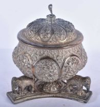 A LOVELY ANTIQUE INDIAN SILVER REPOUSSE ELEPHANT BOWL AND COVER. 953 grams. 18cm x 17 cm.