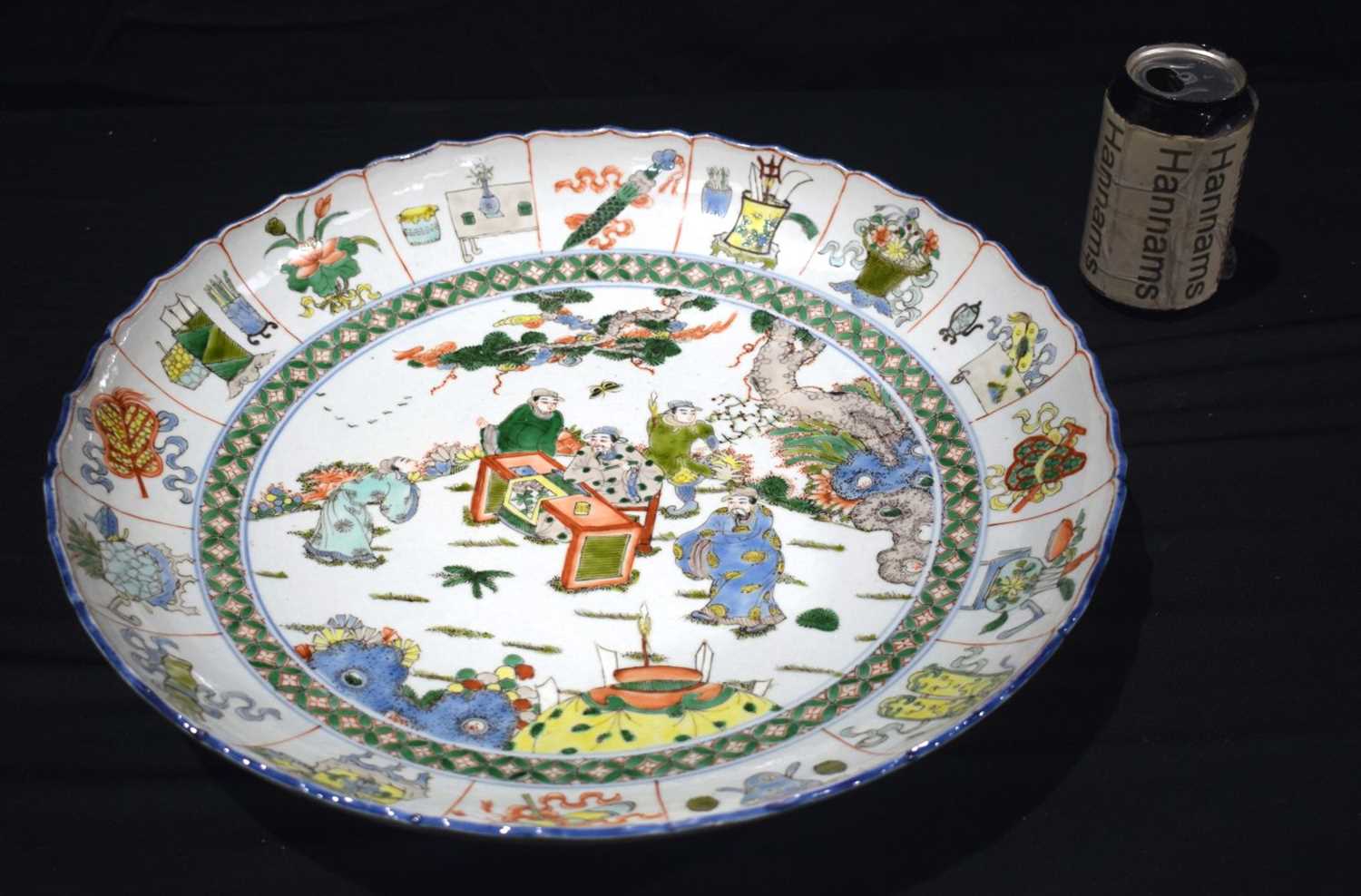 A large 20th Century porcelain Famille Verte charger decorative with figurers 7 x 41 cm. - Image 2 of 8