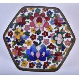 A CHINESE REPUBLICAN PERIOD CLOISONNE ENAMEL HEXAGONAL BOX AND COVER decorated with foliage. 9 cm