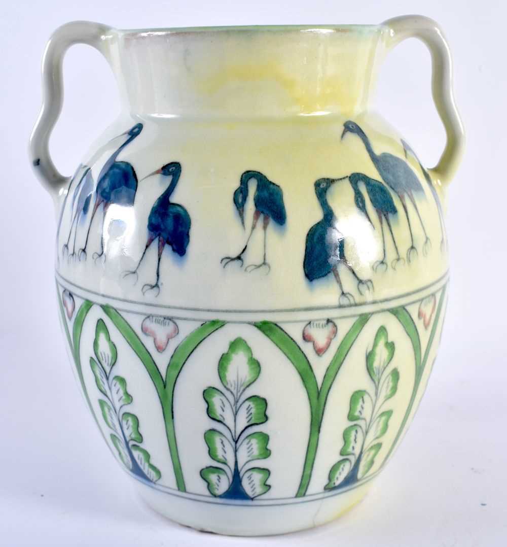 AN UNUSUAL EUROPEAN EARLY 20TH CENTURY TWIN HANDLED PORCELAIN VASE signed A.H, painted with birds - Image 3 of 5