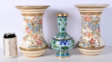 A pair of Japanese Satsuma vases decorated with foliage together with a Chinese Cloisonne vase 25cm