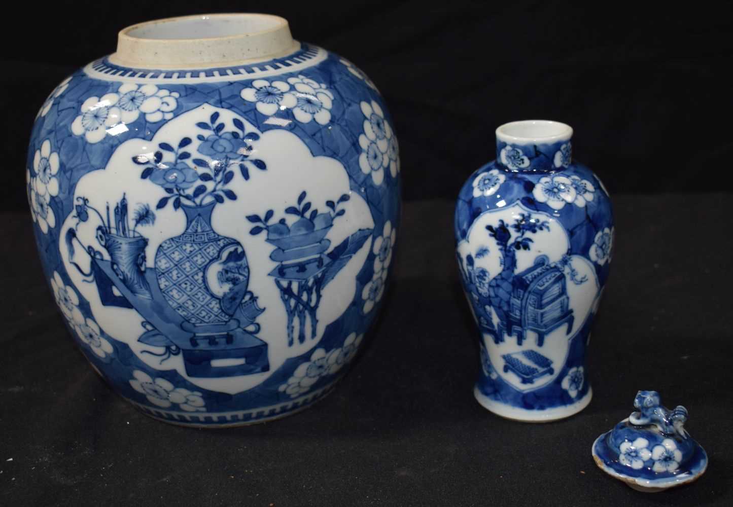 A pair of Chinese Carved hardwood figures together with a Porcelain blue and white Ginger Jar, - Image 5 of 10