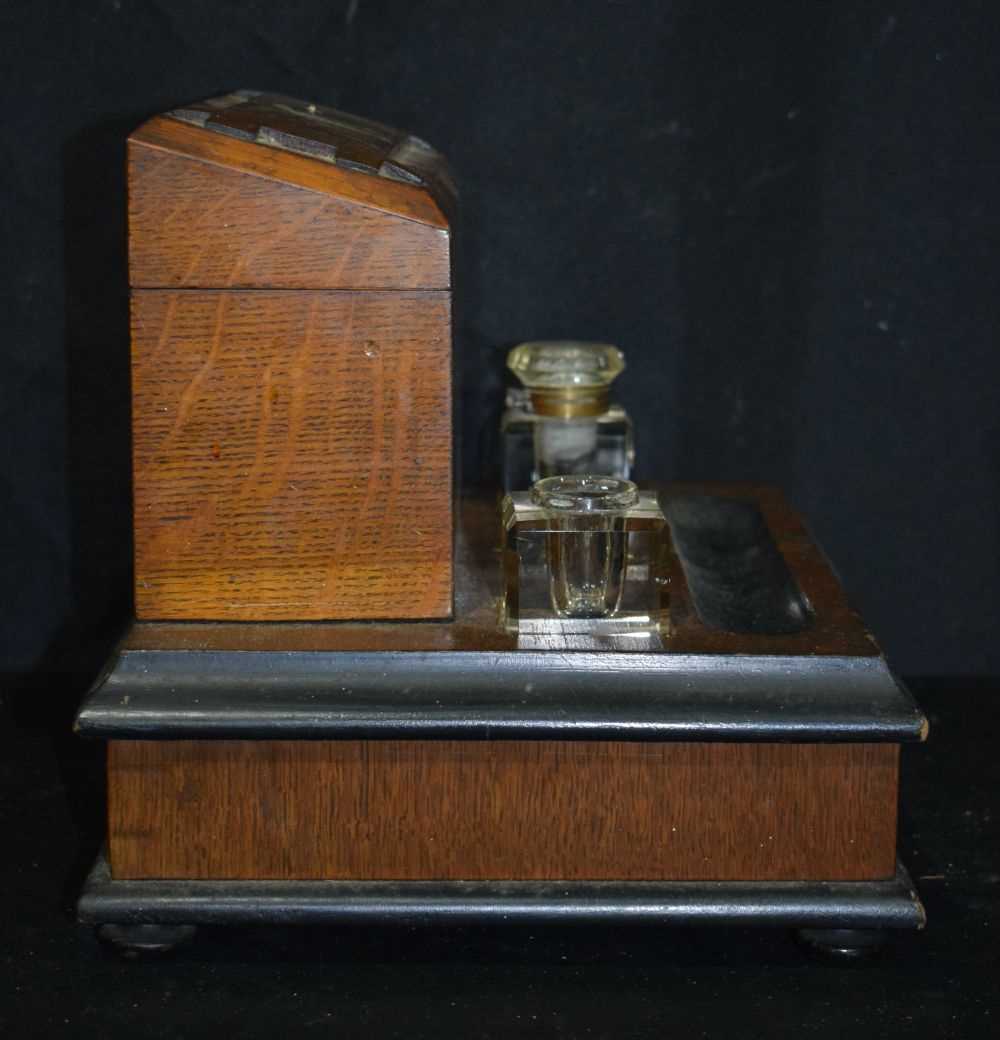 A 19th Century Oak Desk top stationary stand with a silver presentation plaque dated 1880 25 x 31 - Image 4 of 8