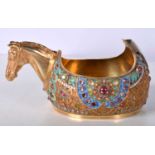 A Continental Silver Horse Head Kovsh with Enamel Decoration set with Gemstones. Stamped 84. 12.8 cm