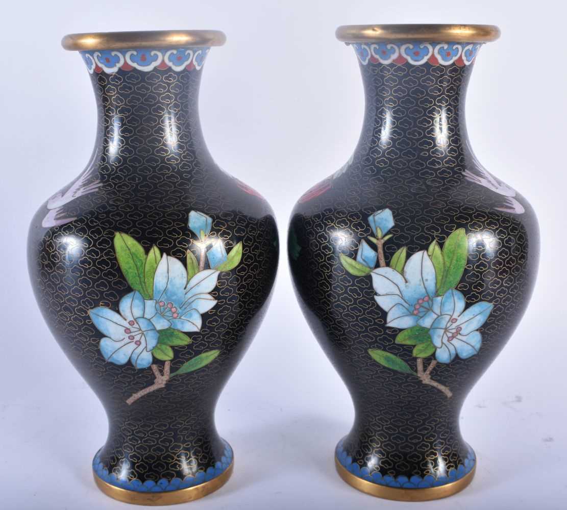 TWO PAIRS OF CHINESE REPUBLICAN PERIOD CLOISONNE ENAMEL VASES decorated with foliage. Largest 24.5 - Image 2 of 8