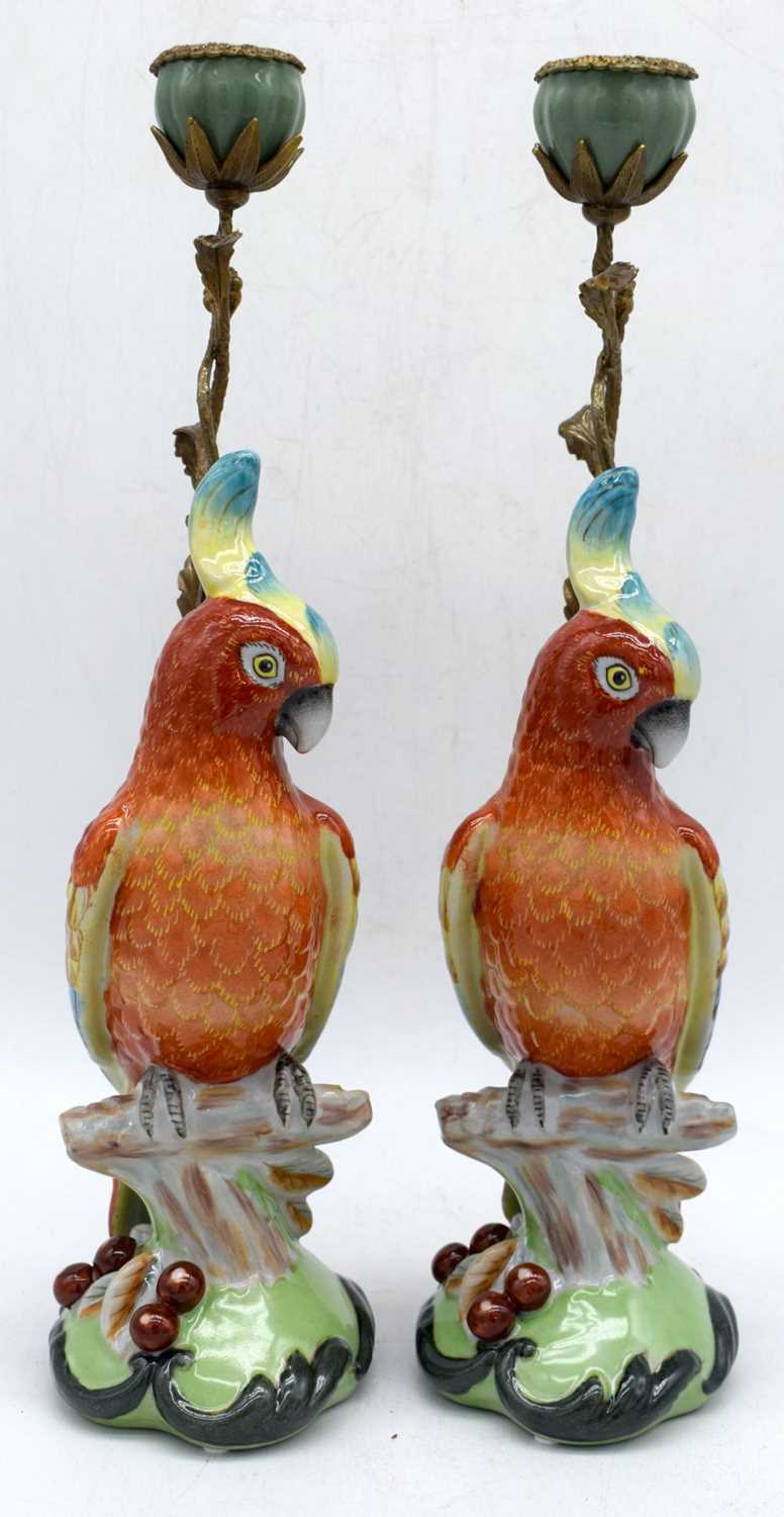 A pair of ormolu mounted porcelain parrot candle stick holder 39 cm (2) - Image 3 of 8