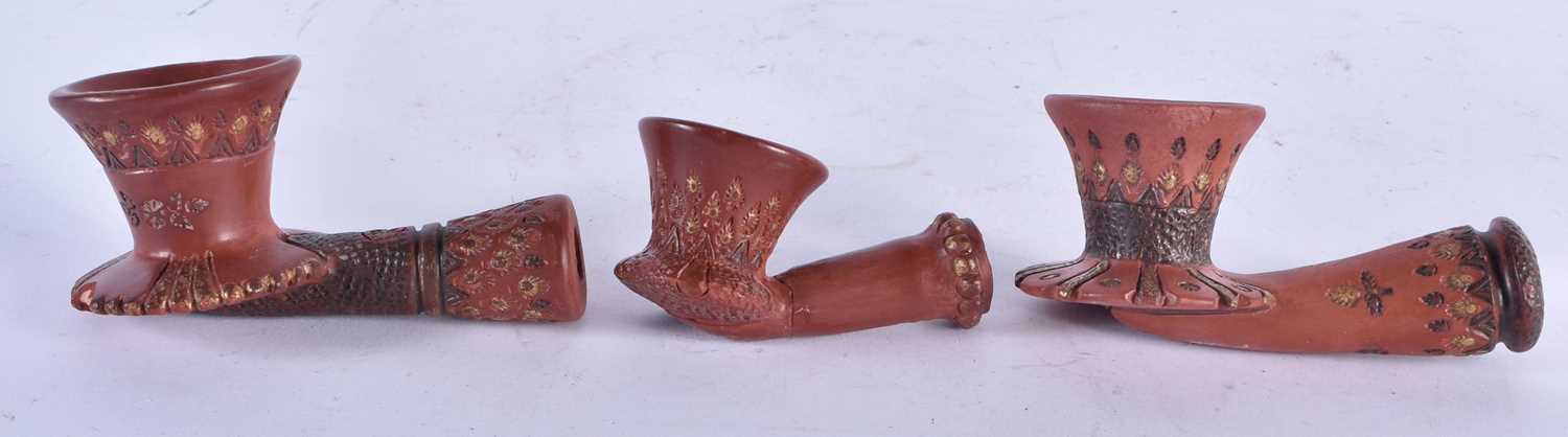 THREE TURKISH OTTOMAN TOPHANE POTTERY PIPES. 10 cm long. (3)