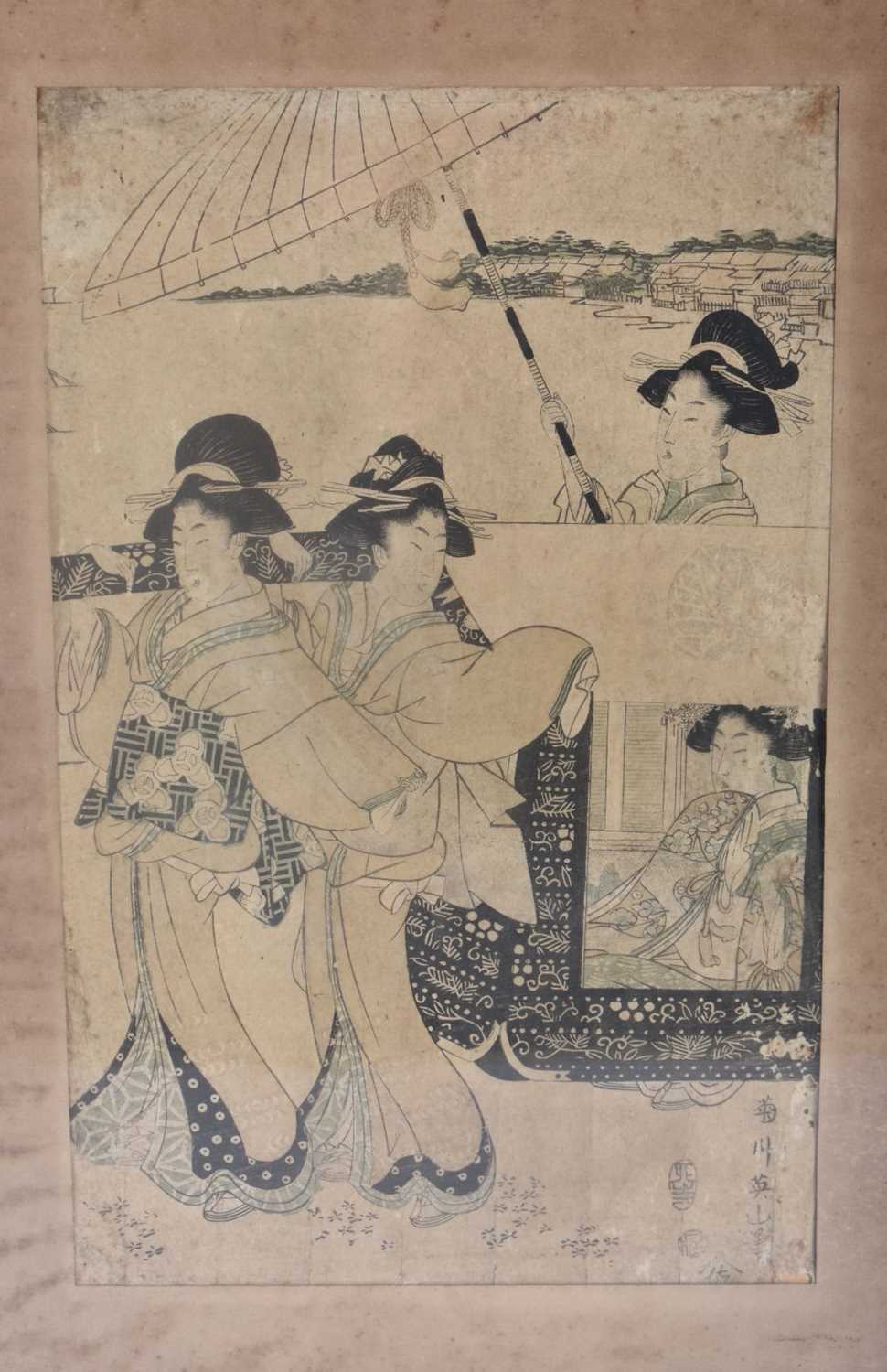 A 19TH CENTURY JAPANESE MEIJI PERIOD WOODBLOCK PRINT depicting four geisha within a landscape. 52 cm - Image 2 of 5