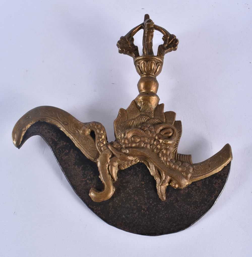 A PAIR OF 19TH CENTURY TIBETAN BRONZE DRAGON BEAST VAJRA KNIVES. 15 cm x 17 cm. - Image 3 of 3