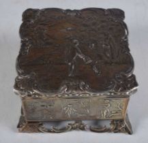 A Continental Silver Box and Cover with embossed decoration with European scenes. 4.6 cm x 7.6 cm