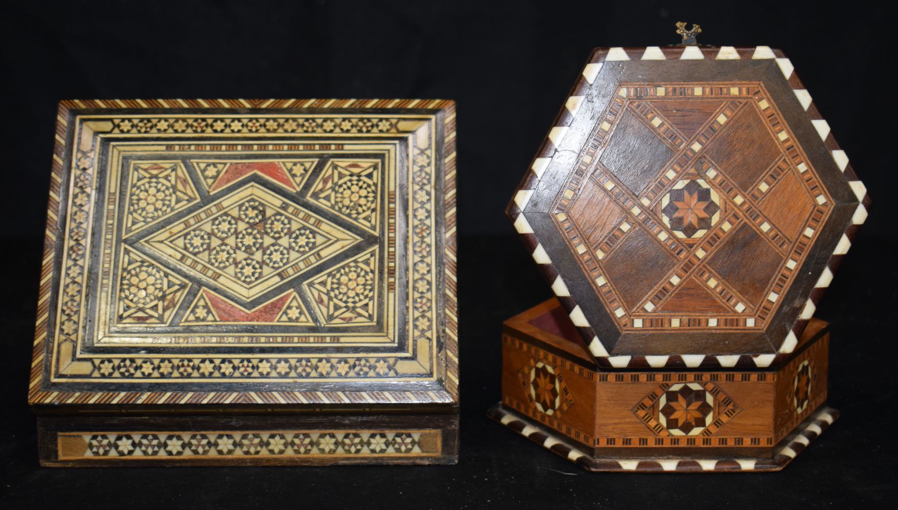 A mother of Pearl inlaid box with two middle Eastern boxes largest 8 x 18.5 x 18.5 cm (3) - Image 6 of 6