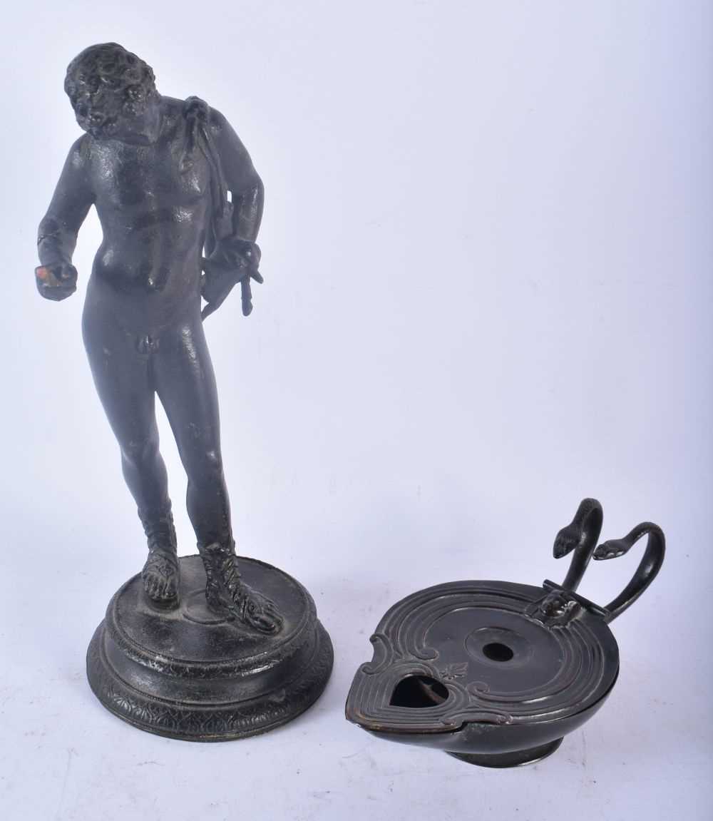 A 19TH CENTURY CONTINENTAL GRAND TOUR SERPENT LIGHTER together with a figure of Narcissus. Largest