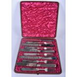 A LOVELY SET OF ANTIQUE AGATE HANDLED SILVER PLATED KNIVES AND FORKS. 23 cm long. (10)