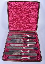 A LOVELY SET OF ANTIQUE AGATE HANDLED SILVER PLATED KNIVES AND FORKS. 23 cm long. (10)