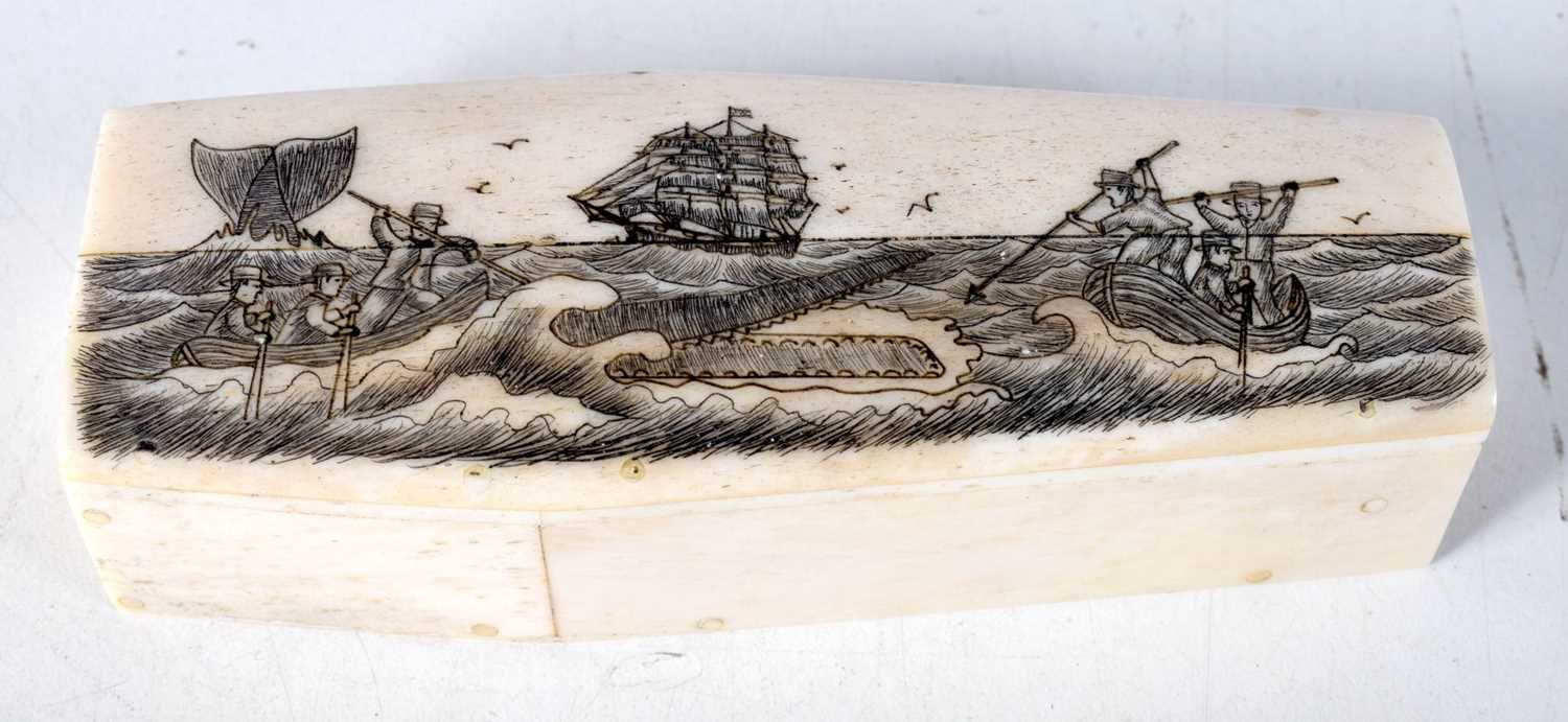 A CONTINENTAL SCRIMSHAW BONE COFFIN. 140.7 grams. 11.5 cm x 4.25cm.