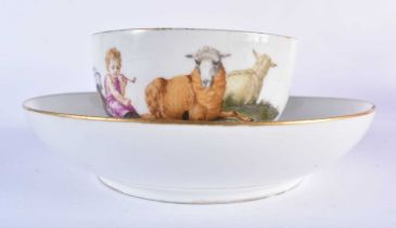 18th century Meissen teacup and saucer painted with children, crossed swords mark. 13,5 x 5 cm