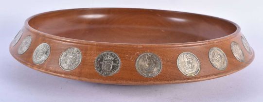 A SCOTTISH DUNDEE SILVER AND TURNED WOOD COIN BOWL. 30cm diameter.