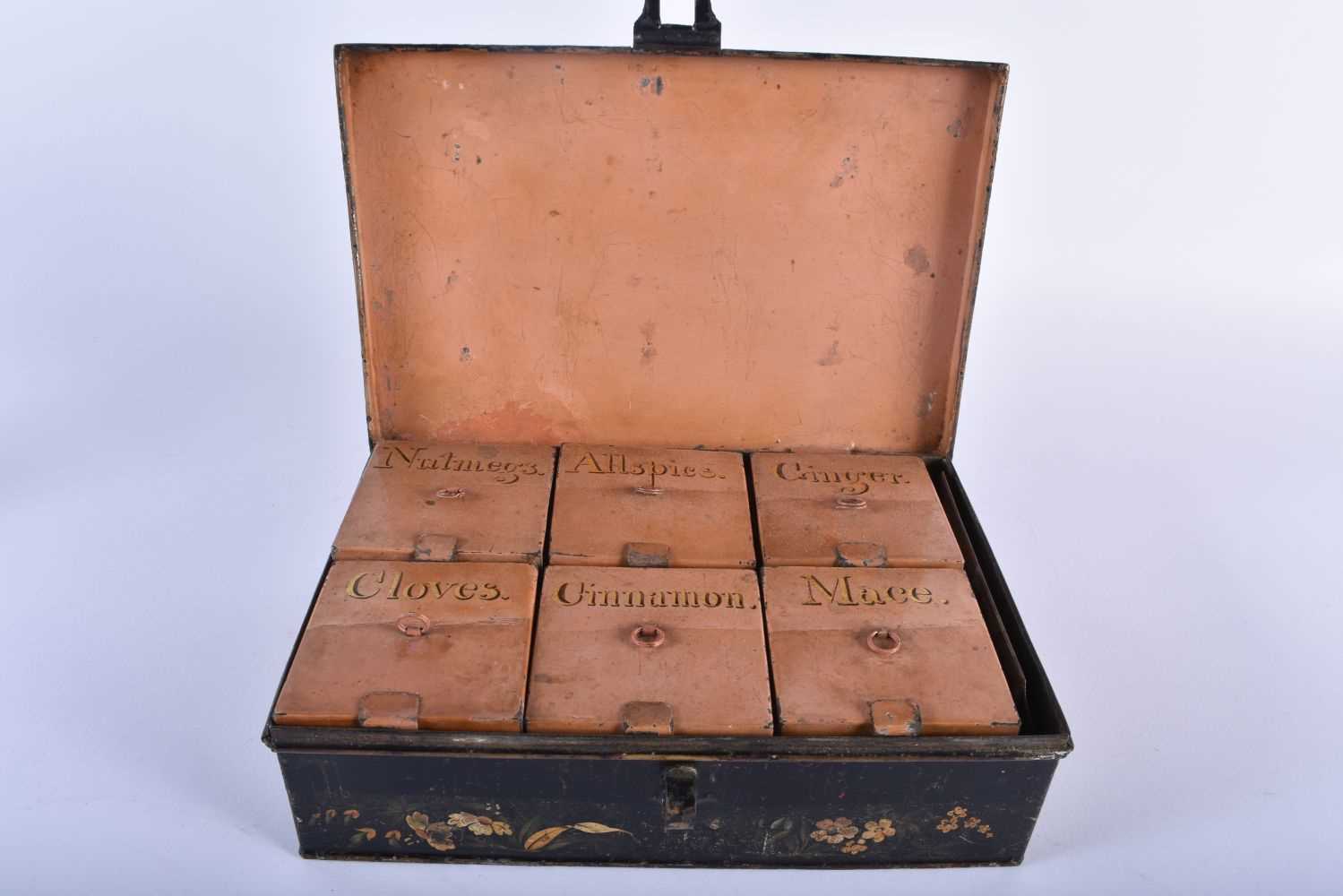AN UNUSUAL 19TH CENTURY COUNTRY HOUSE TOLEWARE SPICE BOX with six fitted period individual boxes. 22 - Image 2 of 5