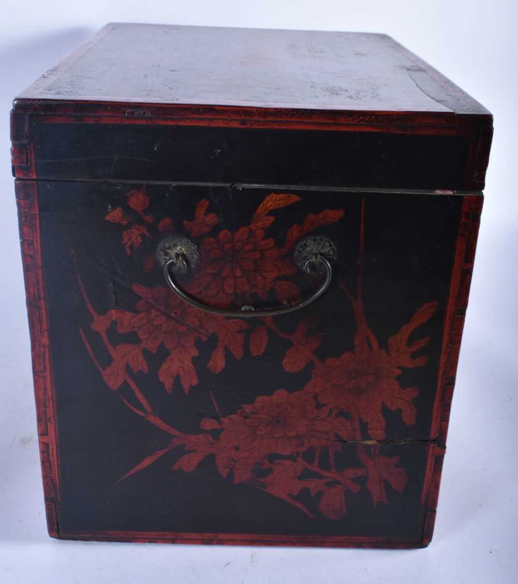 A LARGE CHINESE QING DYNASTY RED LACQUERED COUNTRY HOUSE BOX decorated with figures in landscapes. - Image 3 of 5