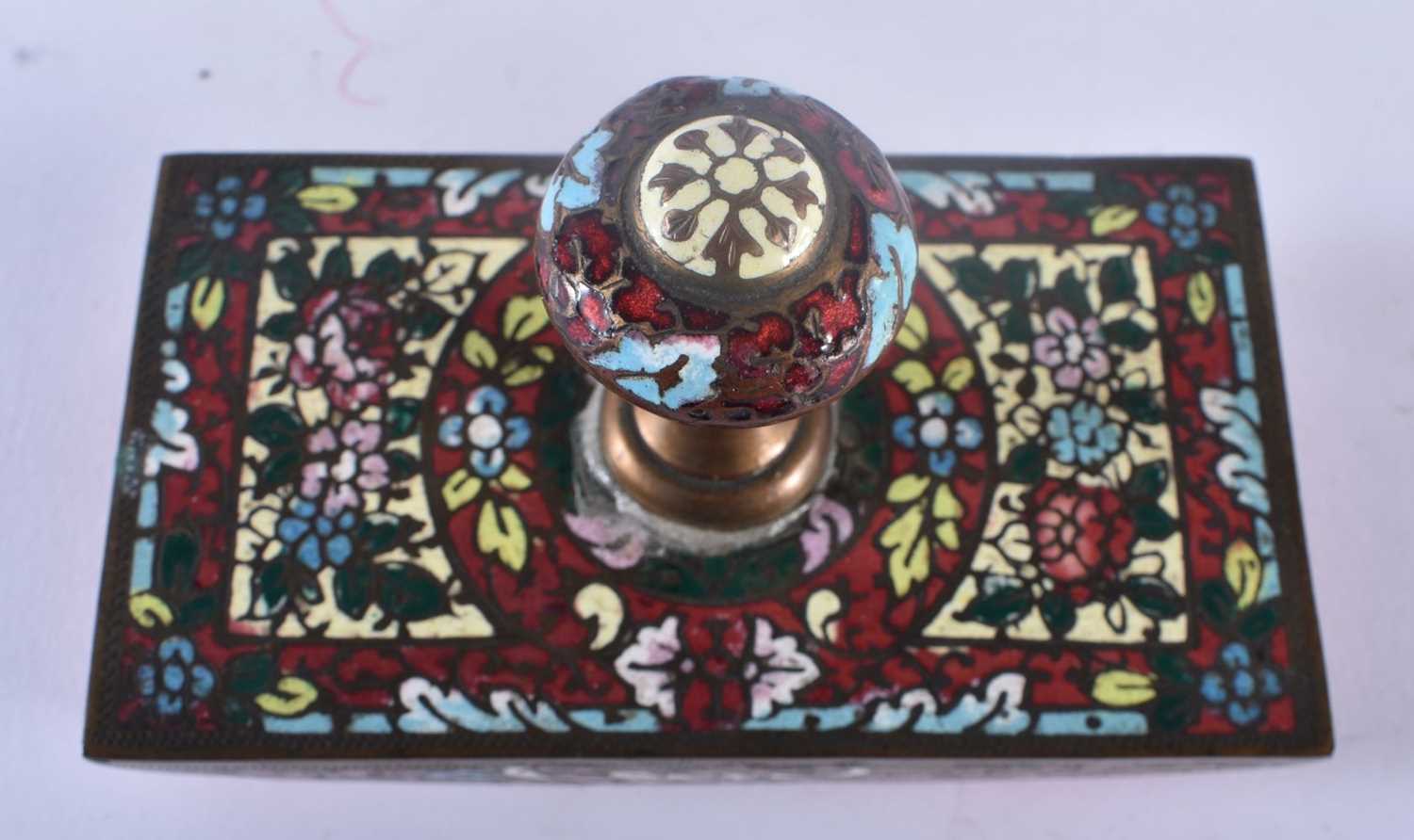 A 19TH CENTURY FRENCH CHAMPLEVE ENAMEL BRONZE DESK BLOTTER together with a Persian painted fan. - Image 4 of 5