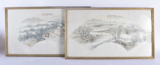 Attributed to Rong Zuchun (1872-1944) 2 x Fan watercolours, Figures by the lake. 57 cm x 33 cm.