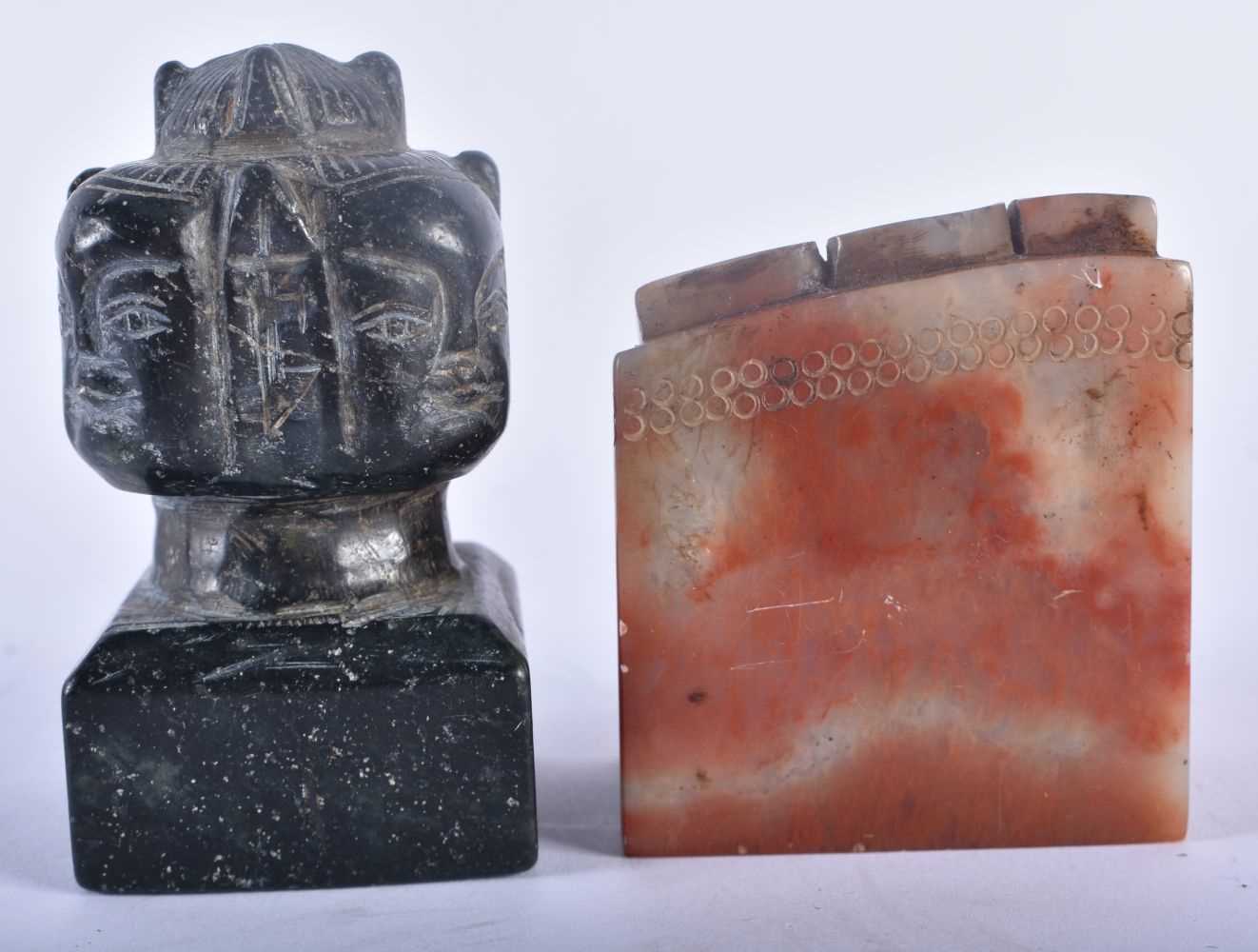 A 19TH CENTURY CHINESE CARVED STONE SEAL Qing, together with another C1900 stone multi head - Image 3 of 5