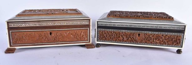 TWO 19TH CENTURY MIDDLE EASTERN ANGLO INDIAN SANDALWOOD AND BONE CASKETS. Largest 24 cm x 14 cm. (
