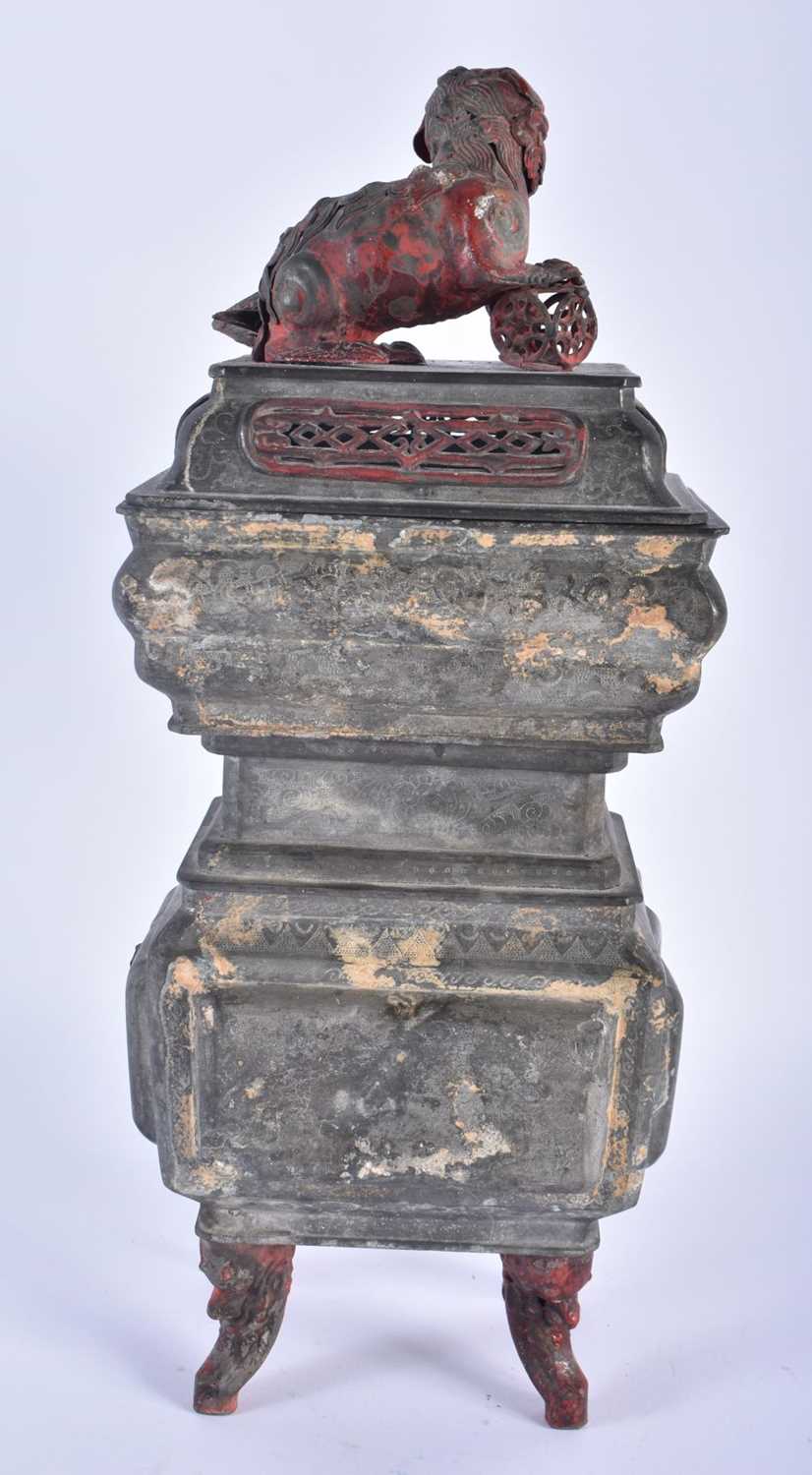 A 19TH CENTURY CHINESE PEWTER CENSER AND COVER Qing. 38 cm x 12 cm. - Image 4 of 8