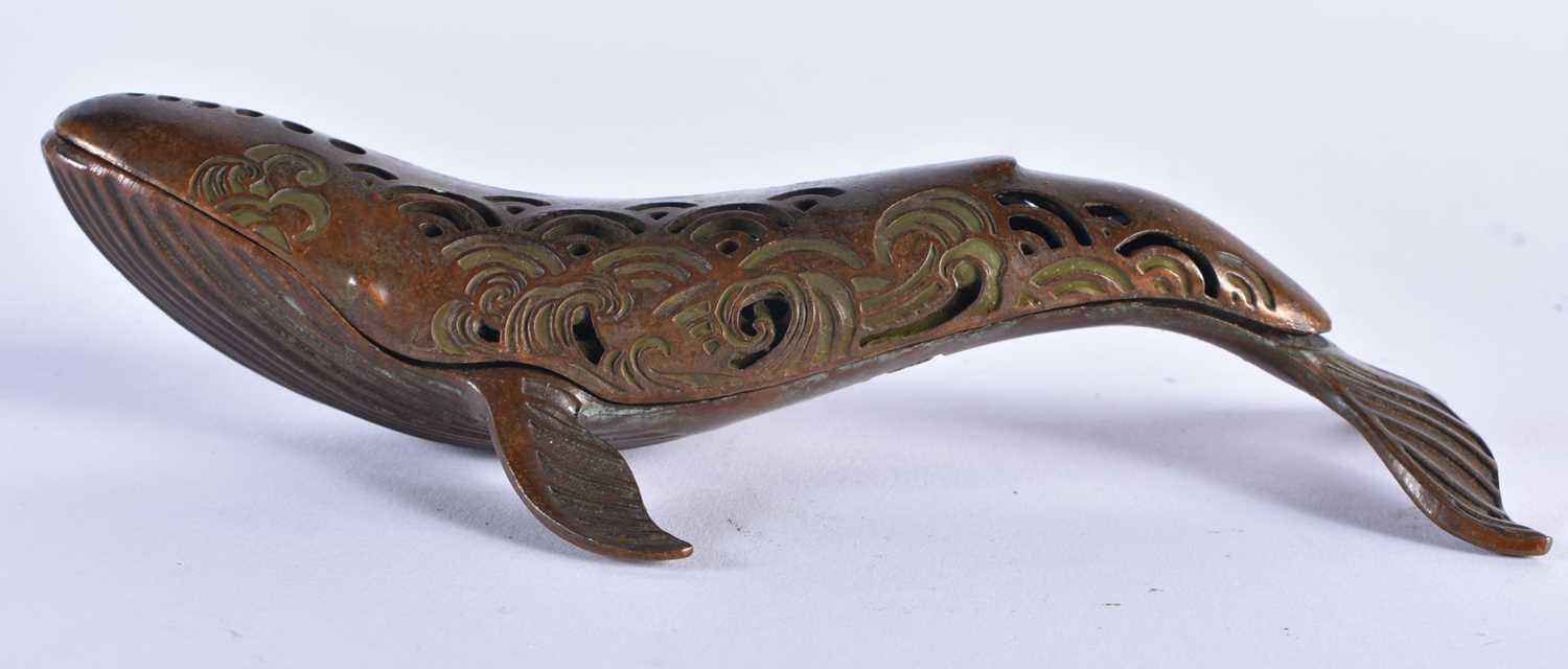 A JAPANESE BRONZE WHALE CENSER AND COVER. 15 cm long.