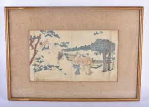 A 19TH CENTURY JAPANESE MEIJI PERIOD WOODBLOCK PRINT depicting geisha and males roaming in a
