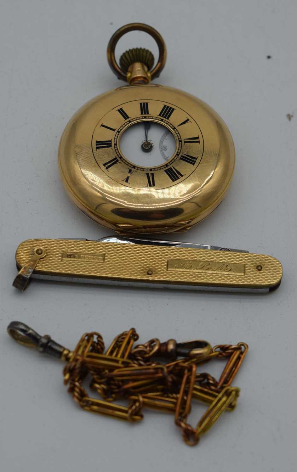 AN ANTIQUE 14CT GOLD HALF HUNTER ENAMELLED POCKET WATCH with 9ct gold cased pocket knife & a
