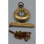 AN ANTIQUE 14CT GOLD HALF HUNTER ENAMELLED POCKET WATCH with 9ct gold cased pocket knife & a