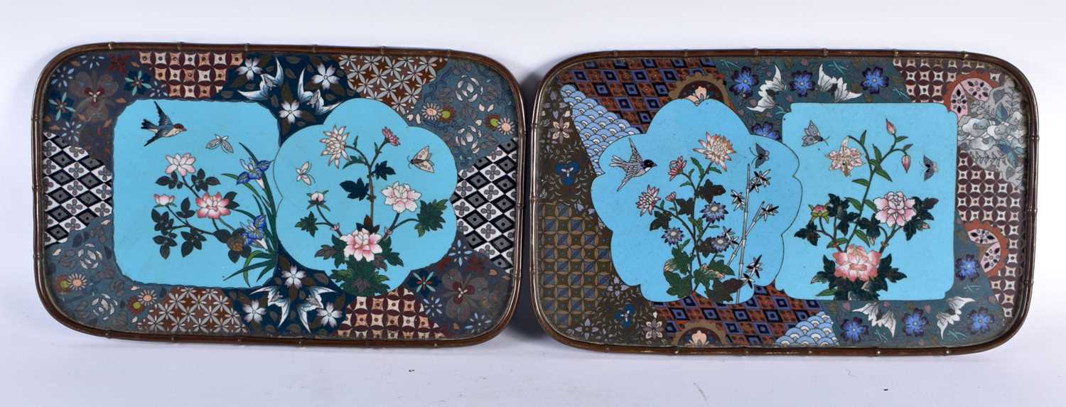 A RARE PAIR OF 19TH CENTURY JAPANESE MEIJI PERIOD CLOISONNE ENAMEL TRAYS decorated with birds and