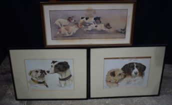 A pair of framed watercolours of Dogs signed with a monogram together with a print 20 x 50 cm (3)