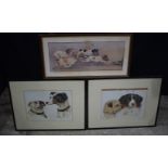 A pair of framed watercolours of Dogs signed with a monogram together with a print 20 x 50 cm (3)