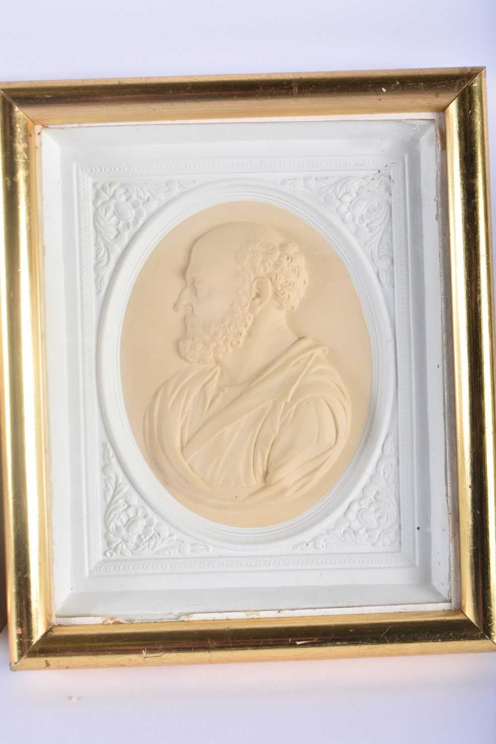 A PAIR OF 19TH CENTURY PLASTER COUNTY HOUSE CLASSICAL PORTRAIT PANELS within giltwood frames. 24 - Image 3 of 4
