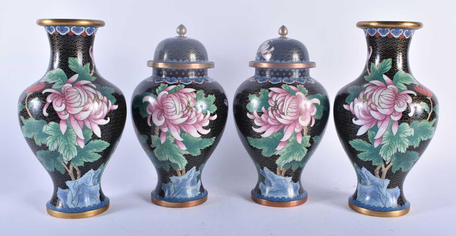 TWO PAIRS OF CHINESE REPUBLICAN PERIOD CLOISONNE ENAMEL VASES decorated with foliage. Largest 24.5