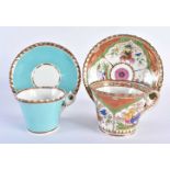 TWO EARLY 19TH CENTURY CHAMBERLAINS WORCESTER CUPS AND SAUCERS one painted with turquoise, the other