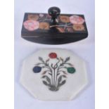 AN ANTIQUE PIETRA DURA STONE DESK BLOTTER together with a similar hexagonal floral inlaid marble