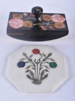 AN ANTIQUE PIETRA DURA STONE DESK BLOTTER together with a similar hexagonal floral inlaid marble