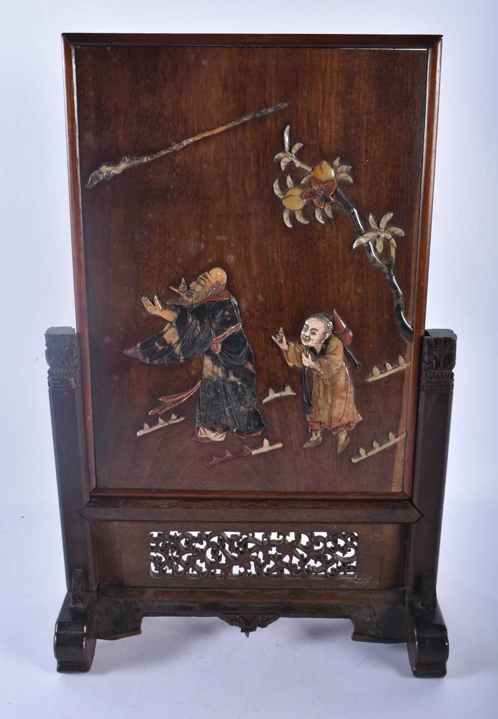 A LARGE 19TH CENTURY CHINESE CARVED SOAPSTONE HARDWOOD SCHOLARS SCREEN Qing, together with a large - Image 2 of 9