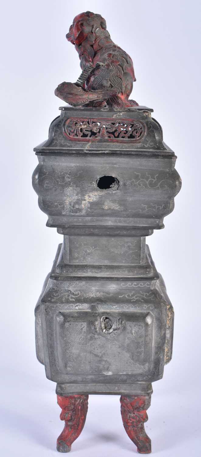 A 19TH CENTURY CHINESE PEWTER CENSER AND COVER Qing. 38 cm x 12 cm. - Image 3 of 8