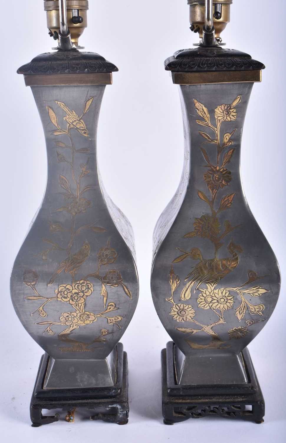 A LARGE PAIR OF 19TH CENTURY CHINESE PEWTER LAMPS Qing, decorated with figures, birds and foliage. - Image 3 of 6