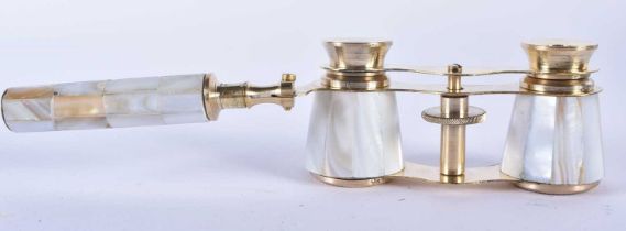 A PAIR OF MOTHER OF PEARL OPERA GLASSES. 18cm wide extended.