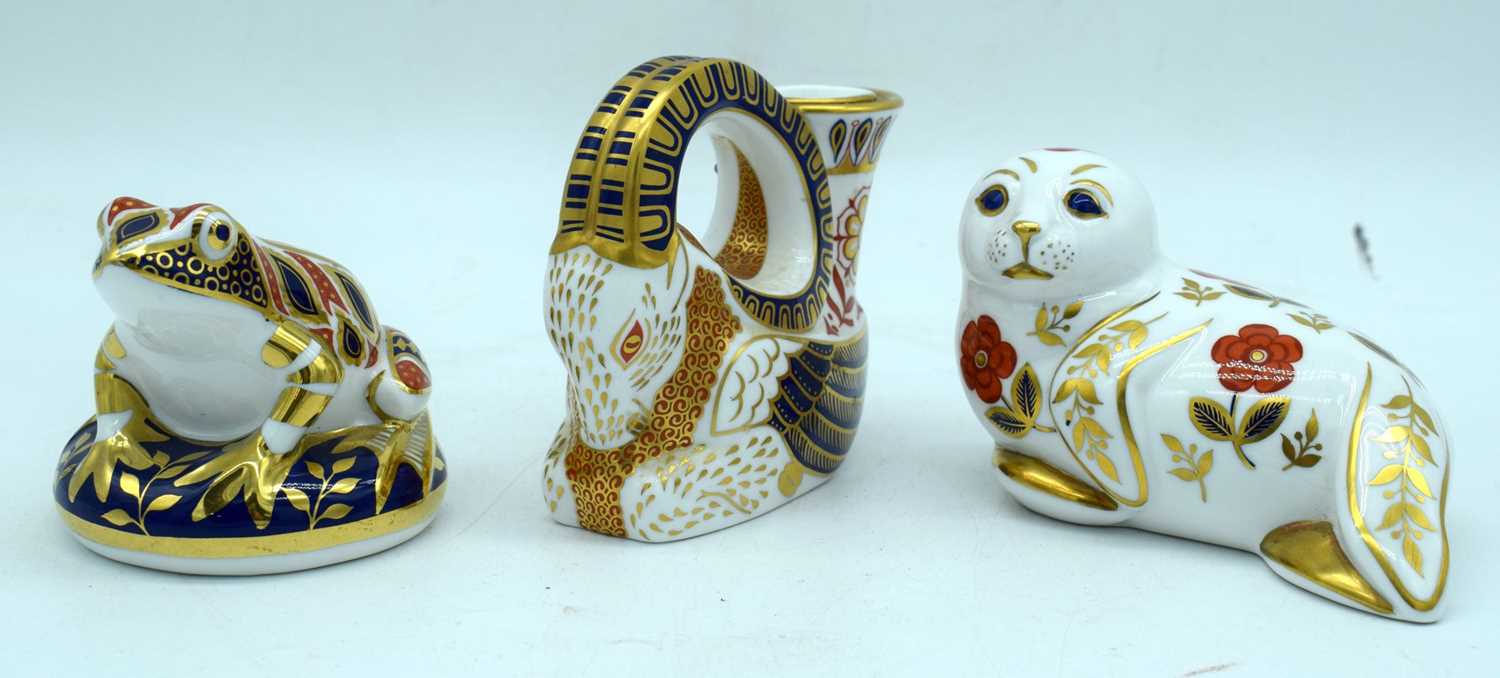 A Royal Crown Derby collection including an Imari pattern Ram candlestick together with a seal and a - Image 3 of 6