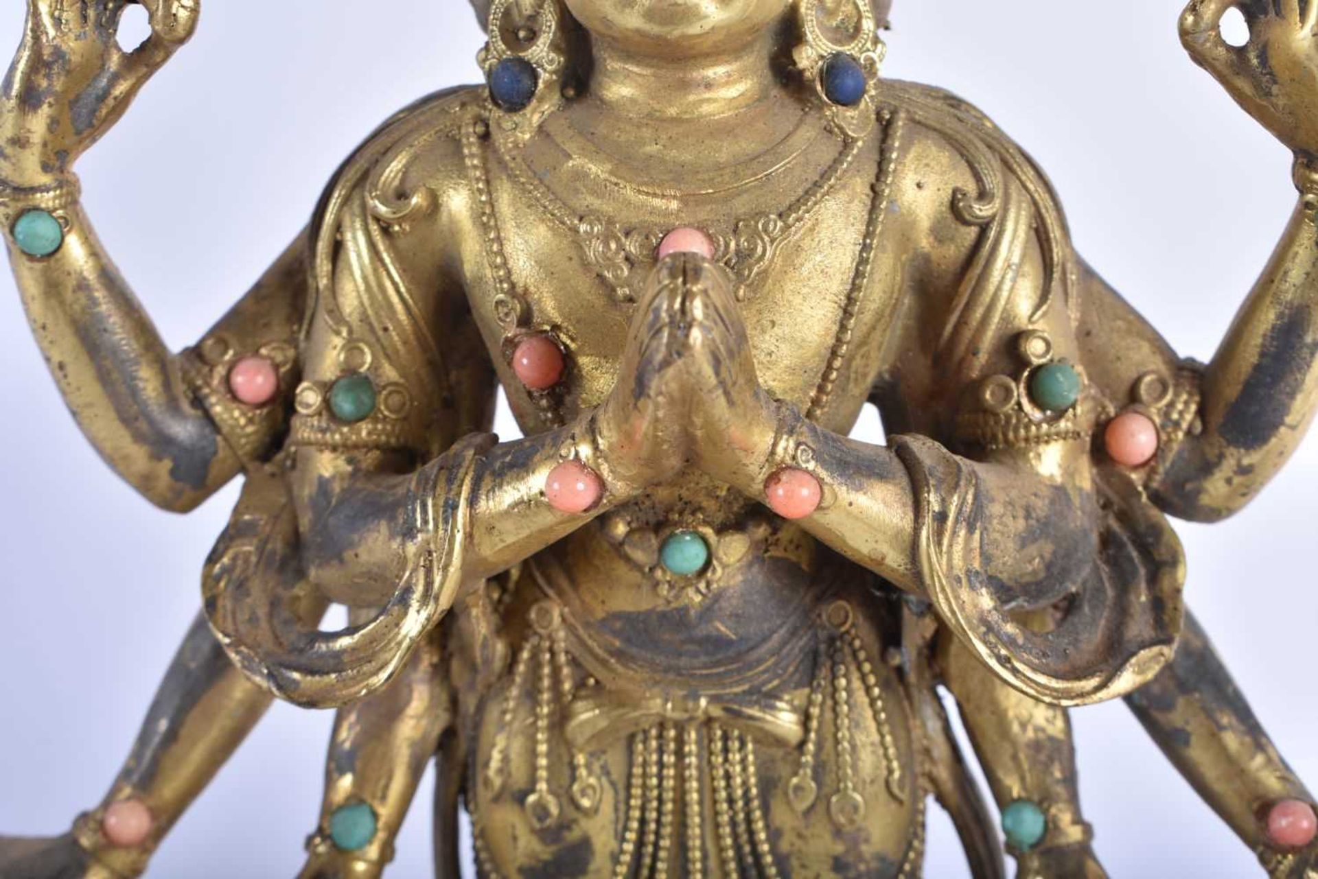 A LARGE CHINESE TIBETAN JEWELLED GILT BRONZE FIGURE OF A STANDING BUDDHA 20th Century. 28 cm high. - Image 3 of 8