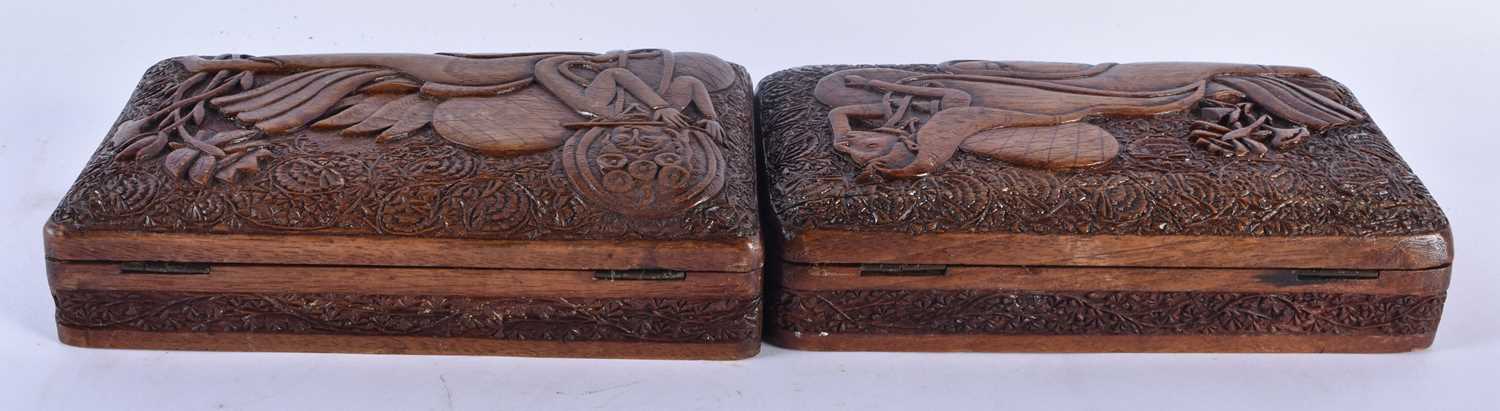 A PAIR OF 19TH CENTURY ANGLO INDIAN BURMESE ASIAN CARVED WOOD CASKETS decorated in relief with - Image 5 of 5